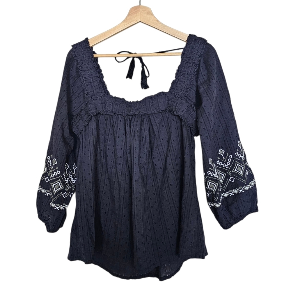 Cupio Elegant Navy Blue Boho Embroidered Women's Top